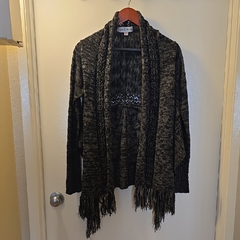 Knox Rose Fringe Cardigan XS Grey Black Open Front Hi Low Hem Boho Sweater Knits